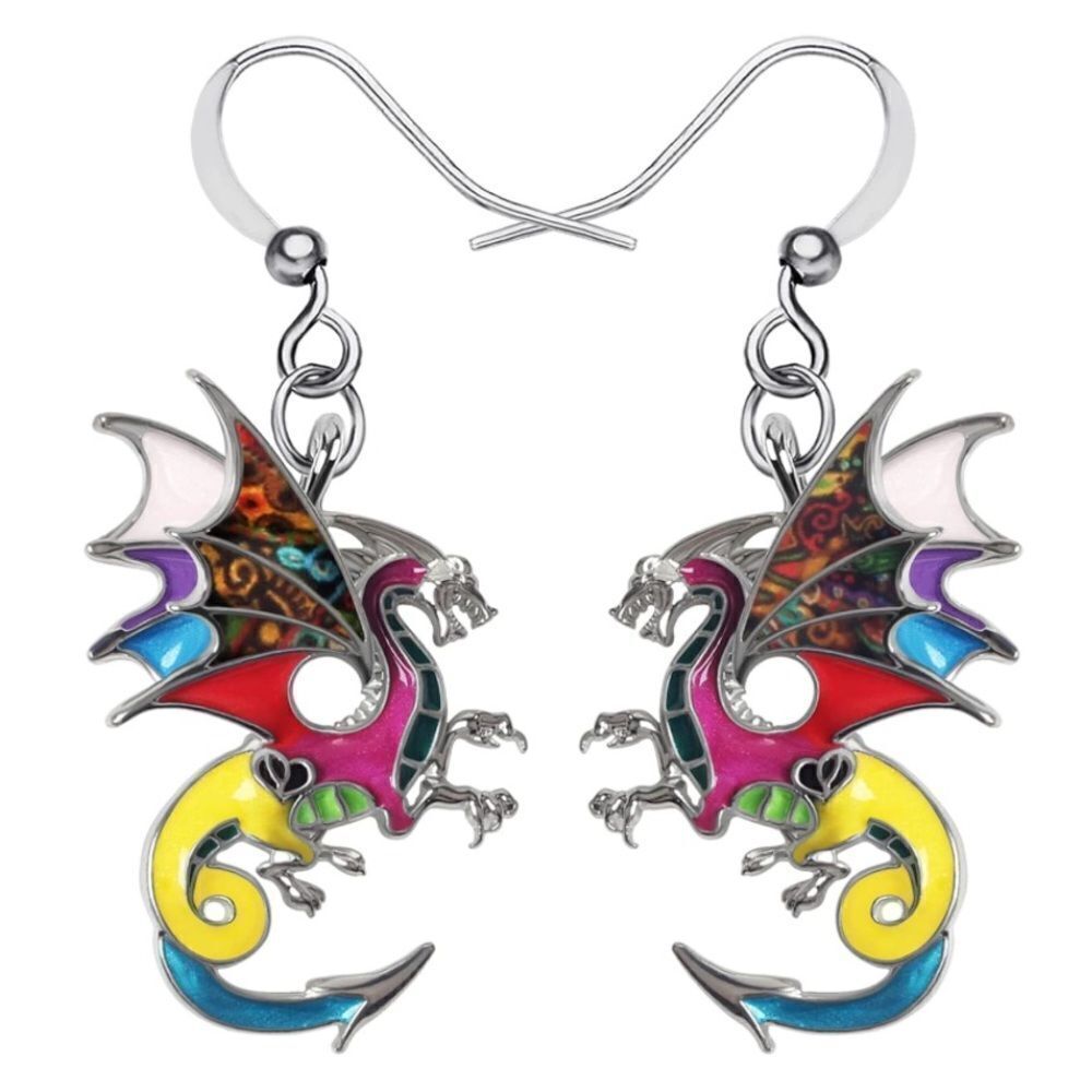 Silver and Multicolor Enamel Mythical Dragon Dangling French Wire Hook Earrings
